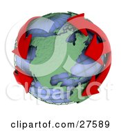 Poster, Art Print Of Red Arrows Circling The Blue Globe And Green Continents Of Earth Symbolizing Pollution Economics Or Flight Plans