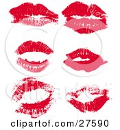 Clipart Illustration Of A Collection Of Red Lipstick Kisses From A Woman On A White Background
