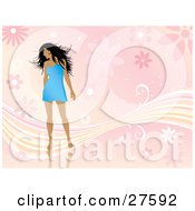 Clipart Illustration Of A Sexy Black Haired Woman In A Short Blue Dress Looking Over Her Shoulder And Standing Over A Pink Floral Background With Waves by KJ Pargeter