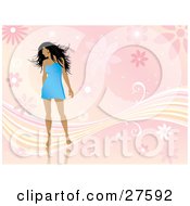 Poster, Art Print Of Sexy Black Haired Woman In A Short Blue Dress Looking Over Her Shoulder And Standing Over A Pink Floral Background With Waves