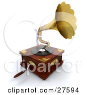 Poster, Art Print Of Wooden Gramophone With A Handle And Golden Horn Playing Music From A Record