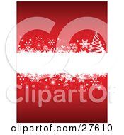 Poster, Art Print Of Blank White Text Box Bordered With Snowflakes Stars And A Christmas Tree Over Red