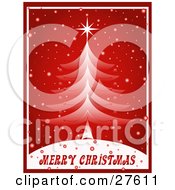 Clipart Illustration Of A Red And White Christmas Tree On Top Of A Hill With Snow Falling Down And Merry Christmas Text by KJ Pargeter