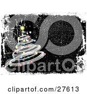 Poster, Art Print Of Silver Spiral Christmas Tree Decked Out In Colorful Ornaments And A Yellow Star On A Black Grunge Background Bordered With White And A Scratched Texture