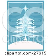 Poster, Art Print Of Retro Christmas Tree With A Star On Top On A White Hill With A Blue Branch Patterned Background