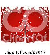Clipart Illustration Of A Bare Leafless Christmas Tree With Stars Over A Red Background Bordered By White Snow