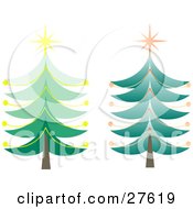 Poster, Art Print Of Two Tall Green Christmas Trees With Orange And Yellow Ornaments And Stars