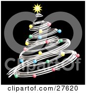 Poster, Art Print Of Silver Spiral Christmas Tree Decked Out In Colorful Ornaments And A Yellow Star Over Black