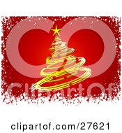 Poster, Art Print Of Yellow Spiral Christmas Tree Decked Out In Red Ornaments And A Yellow Star Over A Red Background With A Snow Border