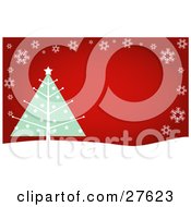 Poster, Art Print Of Green And White Christmas Tree Adorned With Stars On A Snow Covered Hill Over Red With White Snowflakes