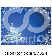 Silver Spiral Christmas Tree Decked Out In Blue Ornaments And A Bright Star Over A Gradient Background Bordered With White Snowflakes