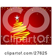 Poster, Art Print Of Scribbled Yellow Christmas Tree With A White Star On Top Over A Gradient Red Background Bordered With White And Yellow Stars