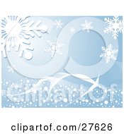Clipart Illustration Of A White Wave With Snow Spanning Over A Blue Background With Big White Snowflakes