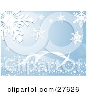 Poster, Art Print Of White Wave With Snow Spanning Over A Blue Background With Big White Snowflakes