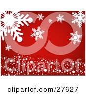 Poster, Art Print Of Red Background With Round Snow And Giant White Snowflakes