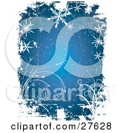 Poster, Art Print Of Blue Background With Ripped Taped Grunge Textures White Vines Snow And Snowflakes