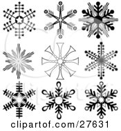 Poster, Art Print Of Collection Of Nine Black And White Snowflakes With Interesting Designs