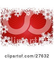 Poster, Art Print Of Border Of White Snowflakes And Grunge With A Bursting Red Background