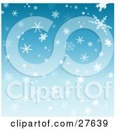 Clipart Illustration Of A Patterned Blue Background Of White And Light Blue Snowflakes Falling