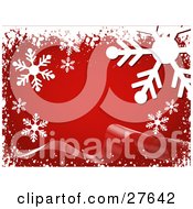 Poster, Art Print Of Big White Snowflakes And Snow Over A Red Background With A Ribbon Wave