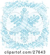 Poster, Art Print Of Big Blue Striped Snowflake Background Bordered With White Grunge Snow