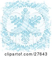 Clipart Illustration Of A Big Blue Striped Snowflake Background Bordered With White Grunge Snow