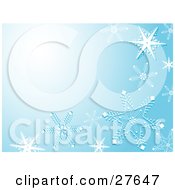Clipart Illustration Of A Blue Background With A Bright Burst Of Light And Big White Snowflakes