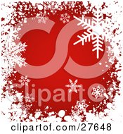 Poster, Art Print Of Grunge White Border Of Snow And Snowflakes Around A Red Background