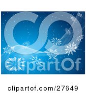 Poster, Art Print Of Snowy Blue Background With White Waves And Snowflakes Spanning Diagonally Across