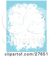 Poster, Art Print Of White Background Of Blue Falling Snow And Snowflakes With A Blue Grunge Border