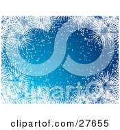 Poster, Art Print Of Blue Background With White Snow And Big Icy Snowflakes Bordering Around The Center