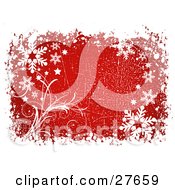 Poster, Art Print Of Grungy Scratched Red Background Of White Snow Snowflakes And Grasses