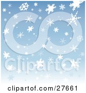 Poster, Art Print Of Patterned Background Of White And Light Blue Snowflakes Over Blue