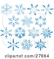 Poster, Art Print Of Group Of Blue Snowflakes With Delicate Patterns Over White