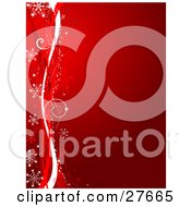 Poster, Art Print Of Curving Red And White Lines And White Snowflakes Along The Left Side Of A Gradient Red Background