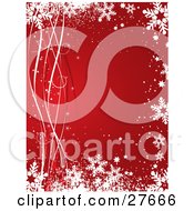 Poster, Art Print Of Red Background Bordered By White And Red Ribbons Snow Snowflakes And Stars