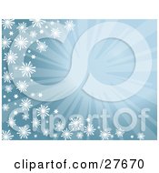 Clipart Illustration Of A Bursting Blue Background With Snowflakes Along The Left And Bottom Edges by KJ Pargeter