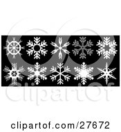 Poster, Art Print Of Collection Of Ten White Snowflakes With Unique Designs Over Black