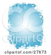 Poster, Art Print Of Blue Background Of White Falling Snow And Snowflakes With A White Grunge Border