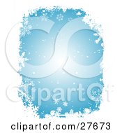 Clipart Illustration Of A Blue Background Of White Falling Snow And Snowflakes With A White Grunge Border