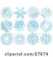 Clipart Illustration Of A Collection Of Twelve Light Blue Snowflakes With Intricate Designs Over White