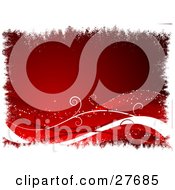 Clipart Illustration Of A Horizontal Red Wintry Background Of White And Red Waves And Scrolls With Twinkles Bordered By White Grunge