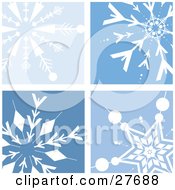 Poster, Art Print Of Background Of Four Different White Snowflakes In Blue Squares