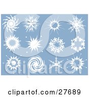 Poster, Art Print Of Collection Of Twelve Interesting White Snowflakes With Different Designs Over Blue