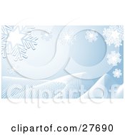 Poster, Art Print Of White Snowflakes Over A Pale Blue Background With White Waves Along The Bottom