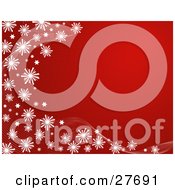 Clipart Illustration Of A Red Bursting Background Bordered By White Snowflakes On Waves