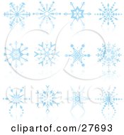 Clipart Illustration Of A Collection Of Intricate Blue Snowflakes On Reflective White Surfaces