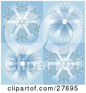 Poster, Art Print Of Four Intricate Blue And White Snowflakes In Blue Squares