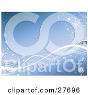 Poster, Art Print Of Blue Background With White Waves Along The Bottom Snow And Snowflakes