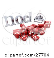 Poster, Art Print Of Silver Spiral Christmas Tree And Red Gifts With A Silver Noel Greeting